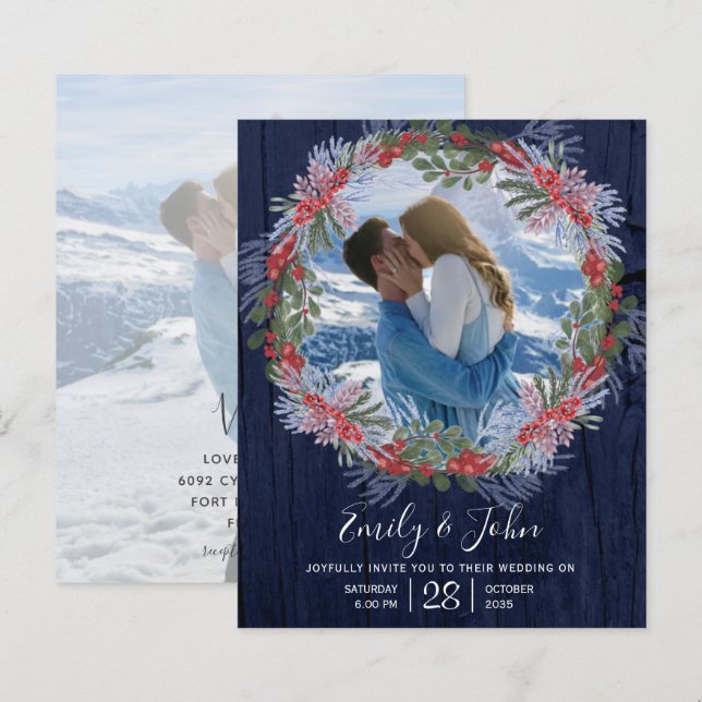 Faire-part de mariage floral d'hiver bleu marine à (Devant / Derrière)