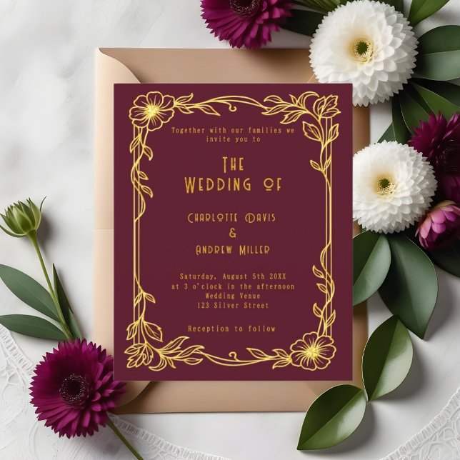 Faire-part de mariage floral d'or bordeaux (Créateur téléchargé)