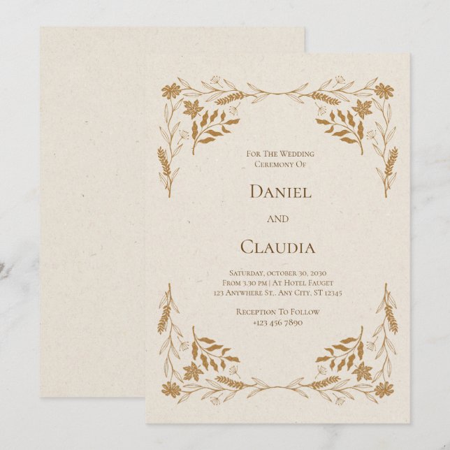Faire-part de mariage Floral d'or rustique (Devant / Derrière)