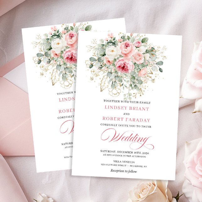 Faire-part de mariage floral doré et pivoine rose  (Chic Blush Peony Gold Floral Wedding Invitation)