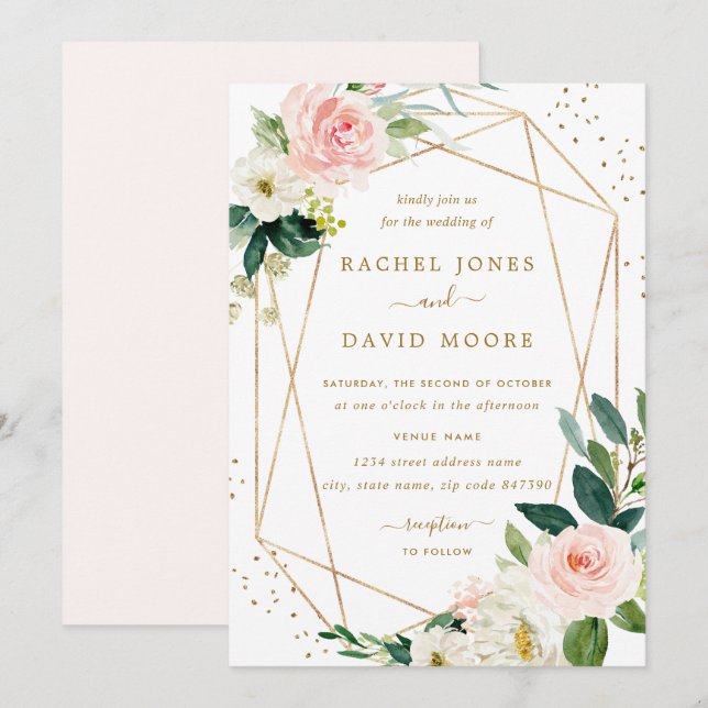 Faire-part de mariage floral doré et rose géométri (Devant / Derrière)