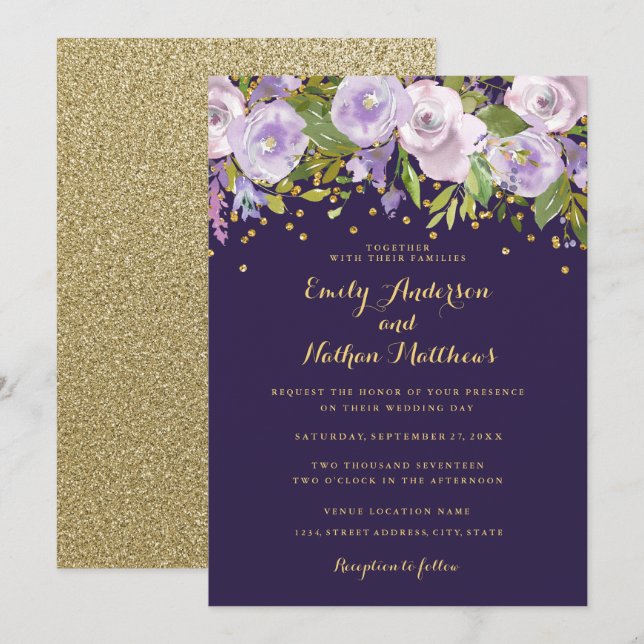 Faire-part de mariage floral doré et violet étince (Devant / Derrière)