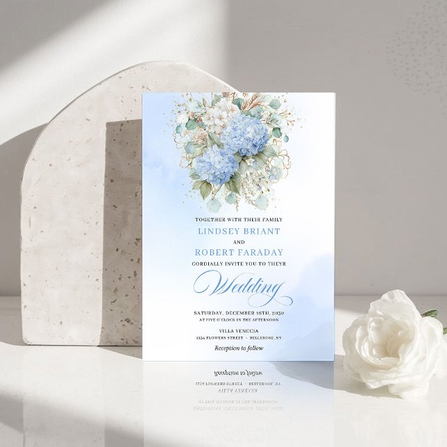 Faire-part de mariage floral doré Hydrangea bleu i (Timeless Blue Hydrangea Gold Floral Wedding Invitation)