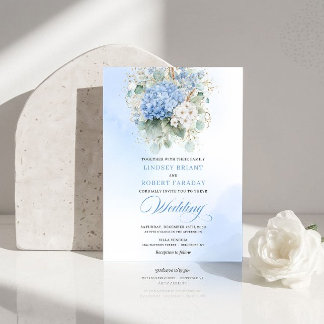 Faire-part de mariage floral doré Hydrangea bleu r (Dreamy Blue Hydrangea Gold Floral Wedding Invitation)