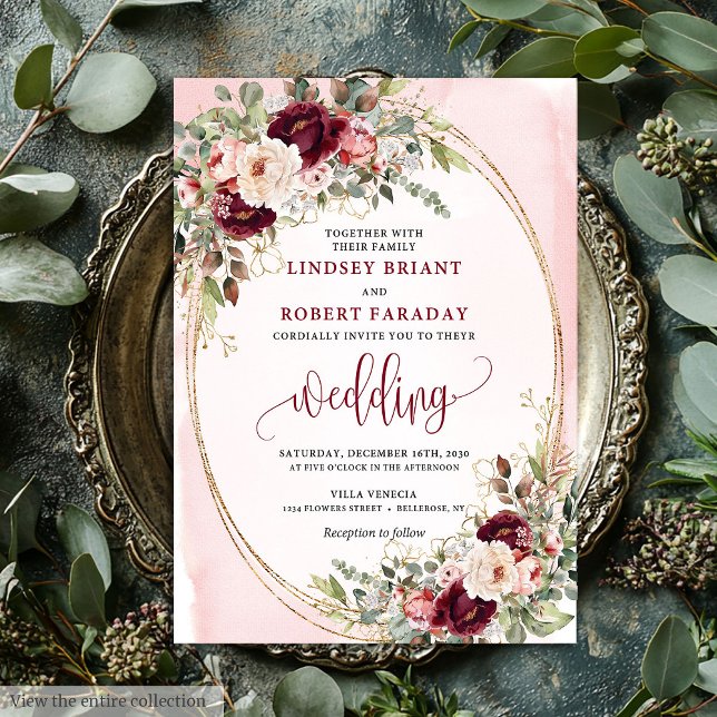 Faire-part de mariage floral doré rouge profond bo (Whimsical Boho Deep Red Gold Floral Wedding Invite)