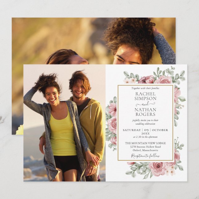 Faire-part de mariage Floral Dusty Rose Gold 2 Pho (Devant / Derrière)