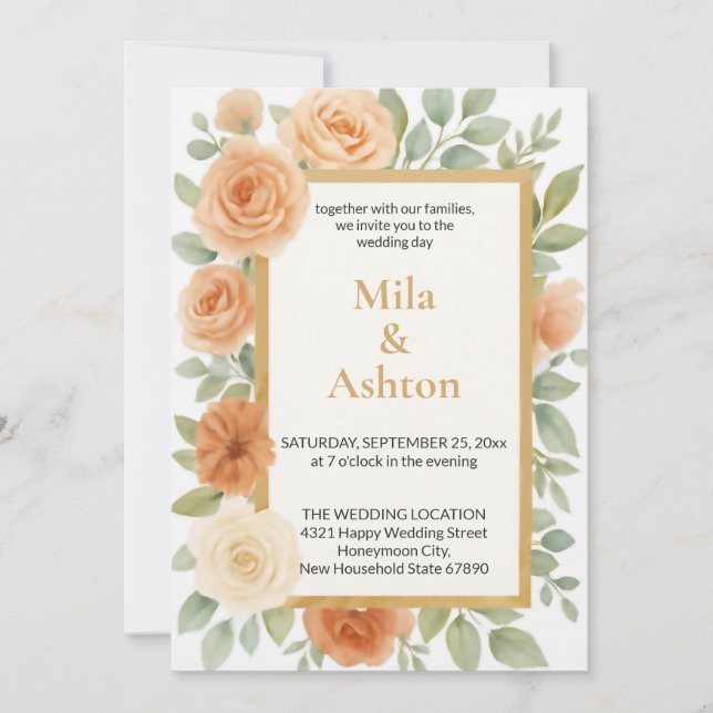 Faire-part de mariage floral élégant aux pêches –  (Devant)