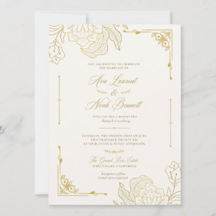 Faire-part de mariage floral élégant en or romanti