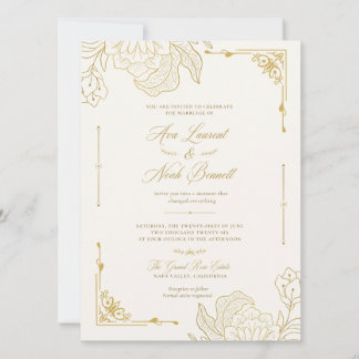 Faire-part de mariage floral élégant en or romanti