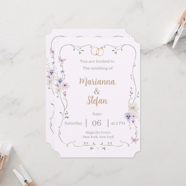 Faire-part de mariage floral élégant modifiable su (Devant/Arrière en situation)