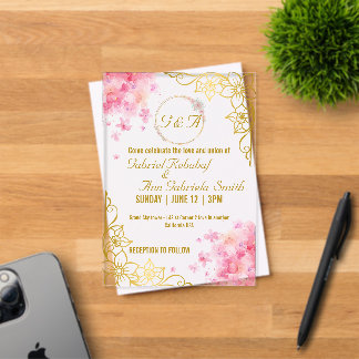 Faire-part de mariage floral élégant or et rose