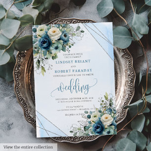 Faire-part de mariage floral en argent bleu marine