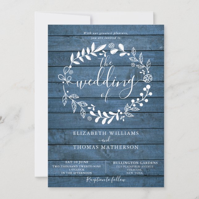 Faire-part de mariage floral en bois rustique bleu (Devant)
