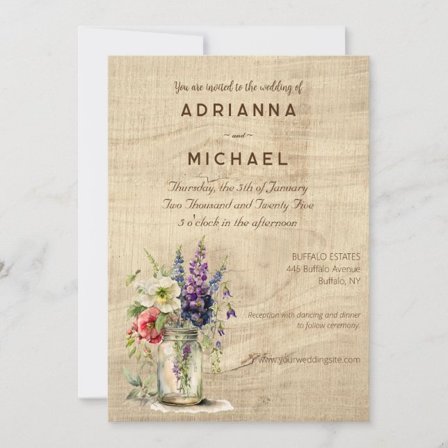 Faire-part de mariage floral en bois rustique Maso (Devant)