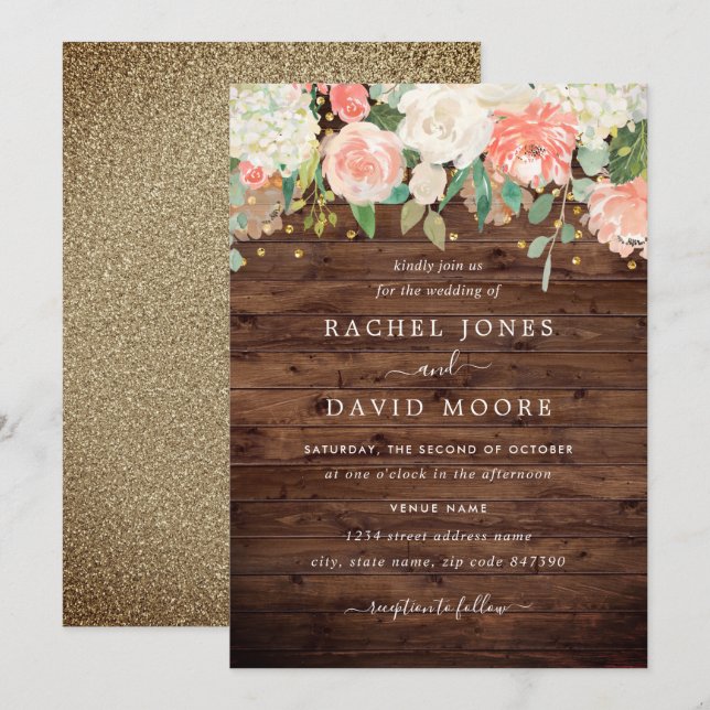 Faire-part de mariage floral en bois rustique or r (Devant / Derrière)
