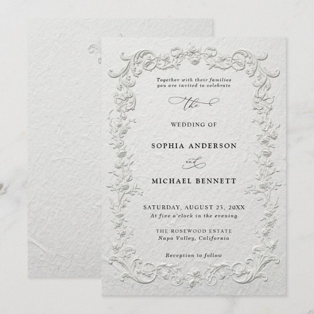 Faire-part de mariage floral en relief faux (Devant / Derrière)
