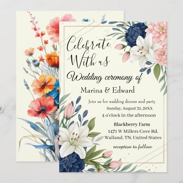 Faire-part de mariage floral en rose et bleu marin (Devant / Derrière)