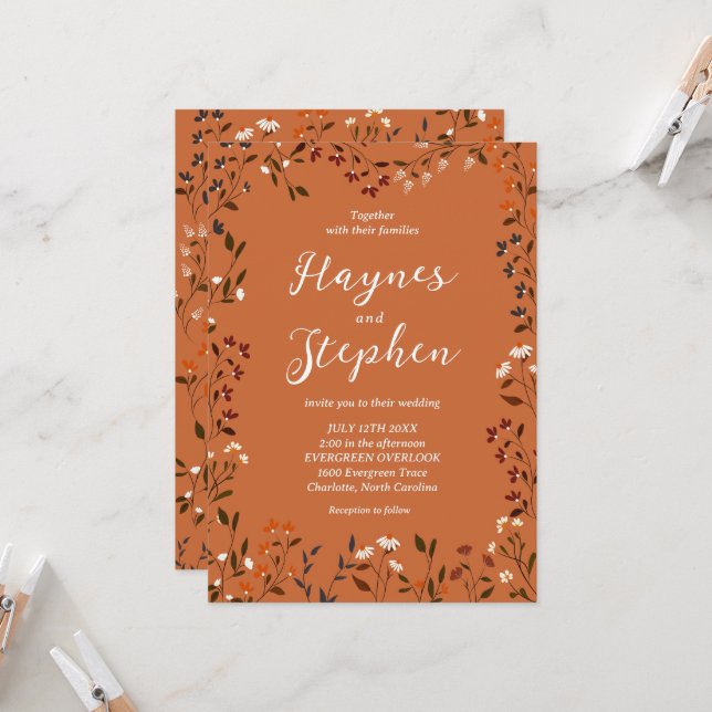 Faire-part de mariage floral en terre cuite rustiq (Devant/Arrière en situation)
