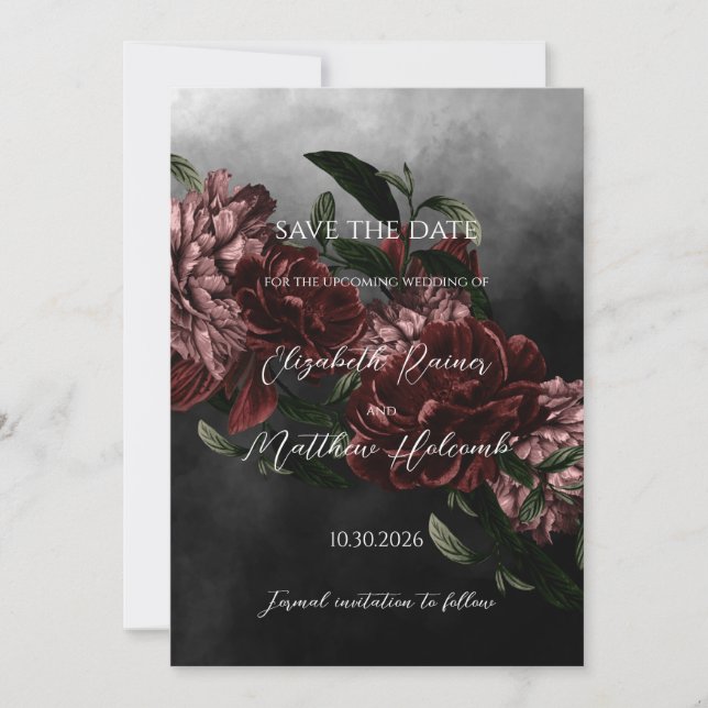 Faire-part de mariage floral et sombre avec code Q (Devant)