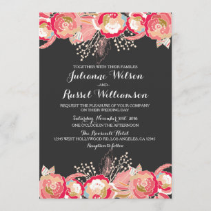Faire-part de mariage floral et tableau noir rose