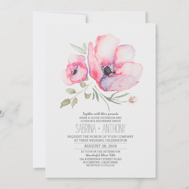 Faire-part de mariage floral - Fleurs aquarelles (Devant)