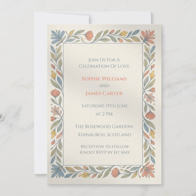 Faire-part de mariage floral folk pastel (Devant)