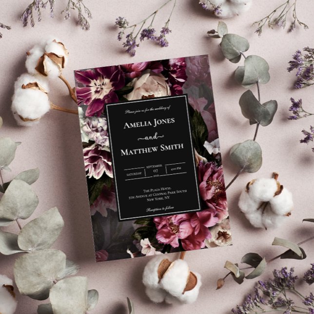 Faire-part de mariage floral foncé et humide (Créateur téléchargé)