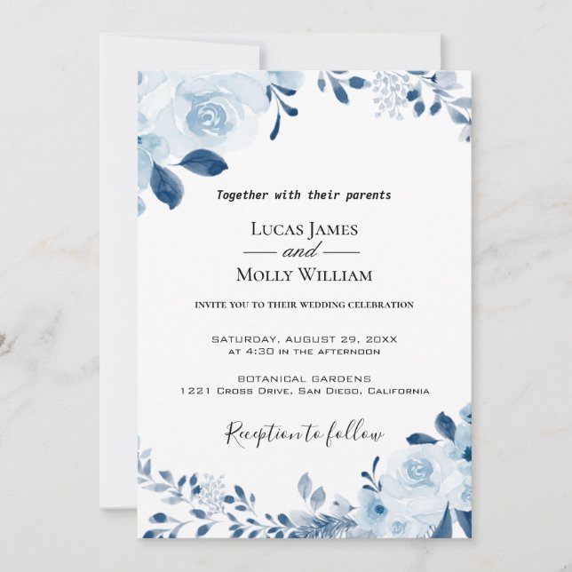 Faire-part de mariage floral français bleu moderne (Devant)