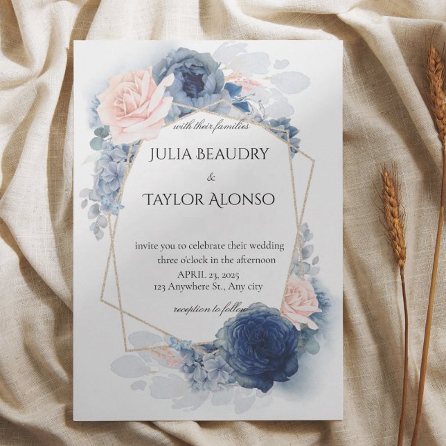 Faire-part de mariage floral géométrique bleu mari (Créateur téléchargé)