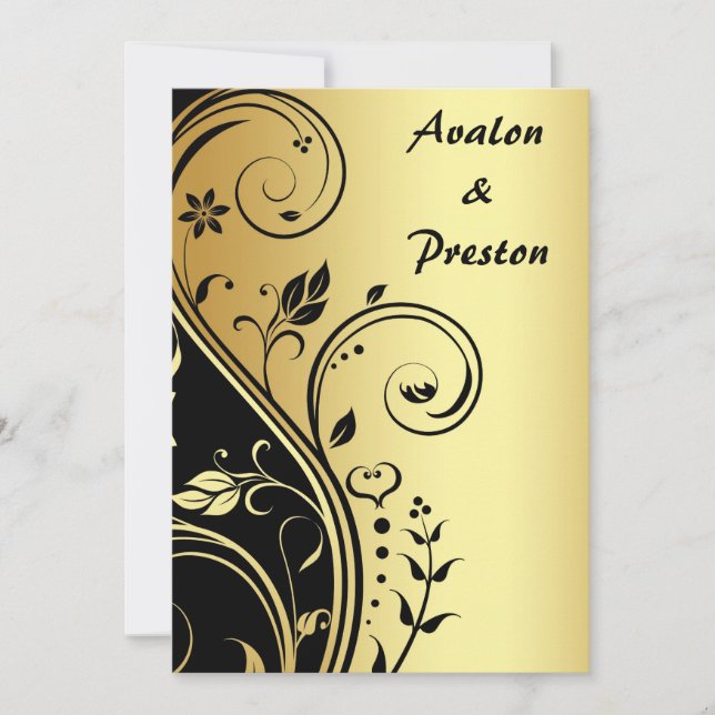 Faire-part de mariage Floral Gold & Black (Devant)