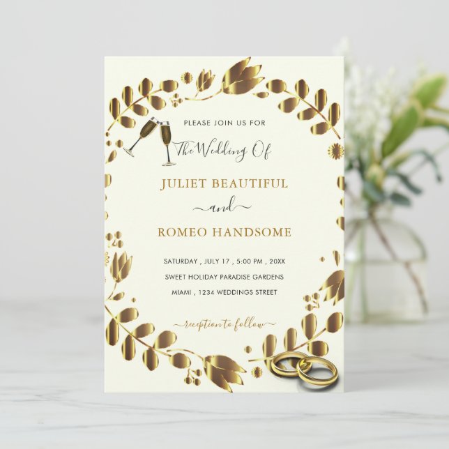 Faire-part de mariage Floral Gold QR Code (Debout devant)