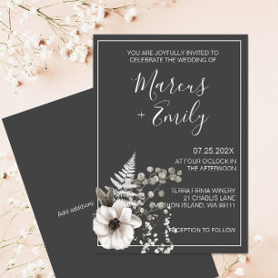 Faire-part de mariage floral gris foncé et blanc