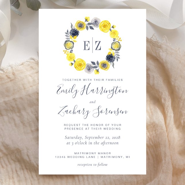 Faire-part de mariage floral gris jaune monogramme (Créateur téléchargé)