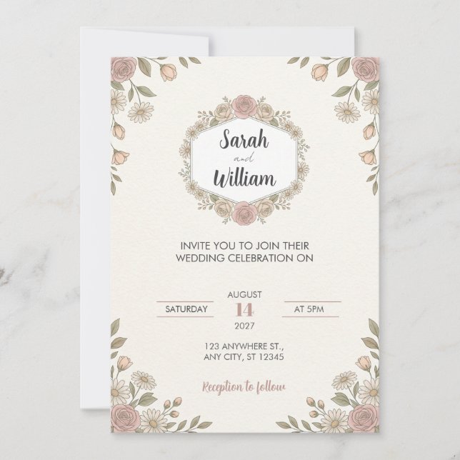 Faire-part de mariage floral hexagonal rose rose p (Devant)