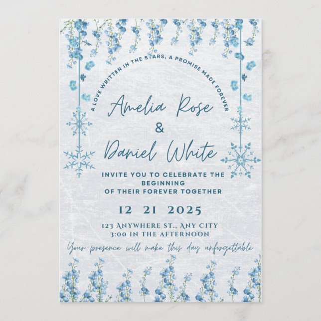 Faire-part de mariage floral hivernal bleu (Devant)