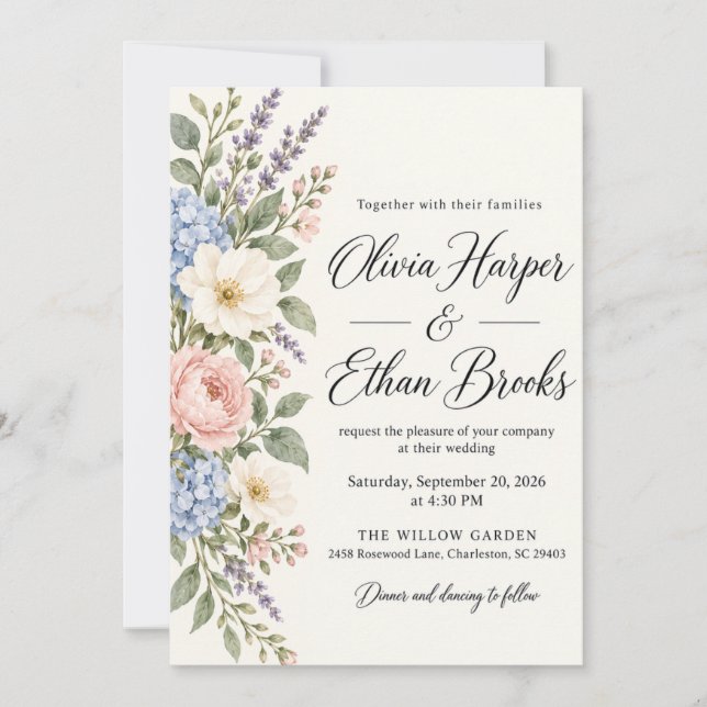 Faire-part de mariage floral Hydrangea Bleu Blush (Devant)