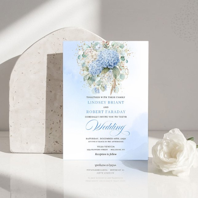 Faire-Part de Mariage Floral Hydrangea Bleu Pâle R (Romantic Pale Blue Hydrangea Floral Wedding Invite)