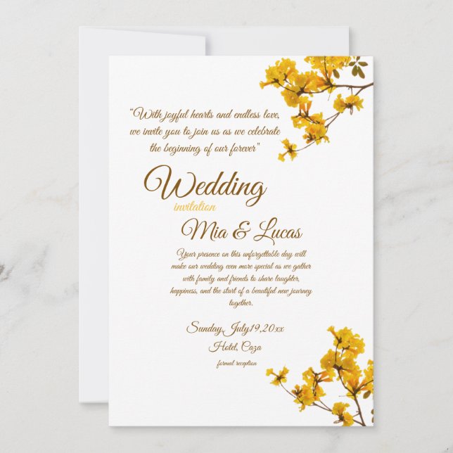 Faire-part de mariage floral jaune élégant (Devant)
