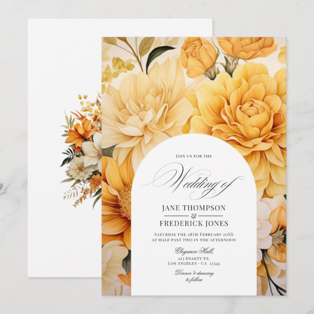 Faire-part de mariage floral jaune, orange et ivoi (Devant / Derrière)