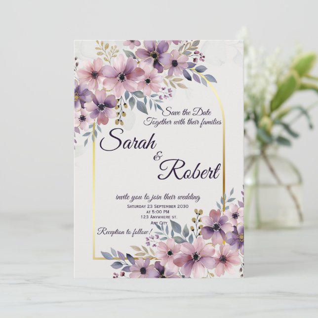 Faire-part de mariage floral Lavande Blush (Debout devant)