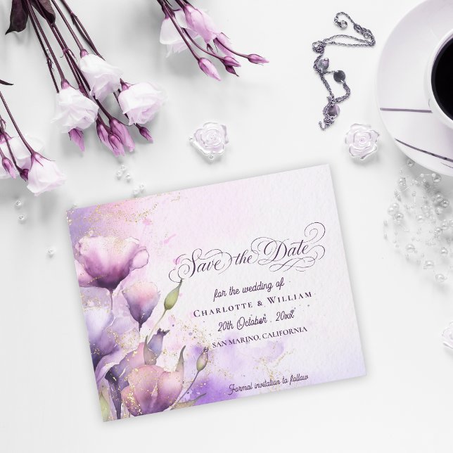 Faire-part de mariage floral lavande or (Lavender Gold Floral Wedding Save the Date)