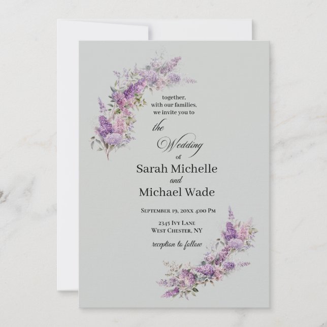 Faire-part de mariage floral lilas (Devant)