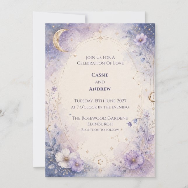 Faire-part de mariage floral lunaire violet (Devant)