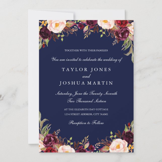 Faire-part de mariage floral marine Bourgogne rust (Devant)
