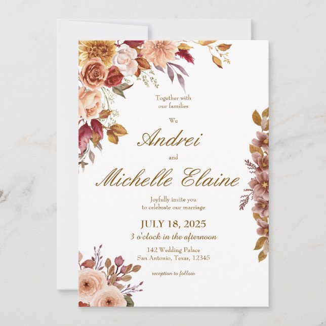 Faire-part de mariage floral marron élégant (Devant)