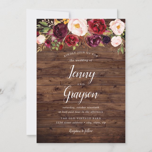 Faire-part de mariage floral Marsala en bois rusti (Devant)