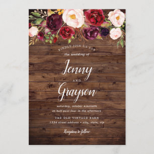 Faire-part de mariage floral Marsala en bois rusti