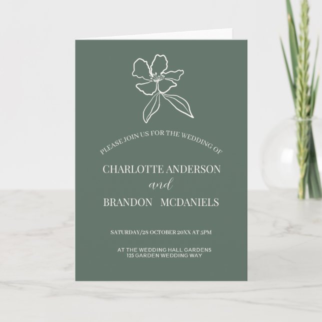 Faire-part de mariage floral minimal vert de la fo (Devant)