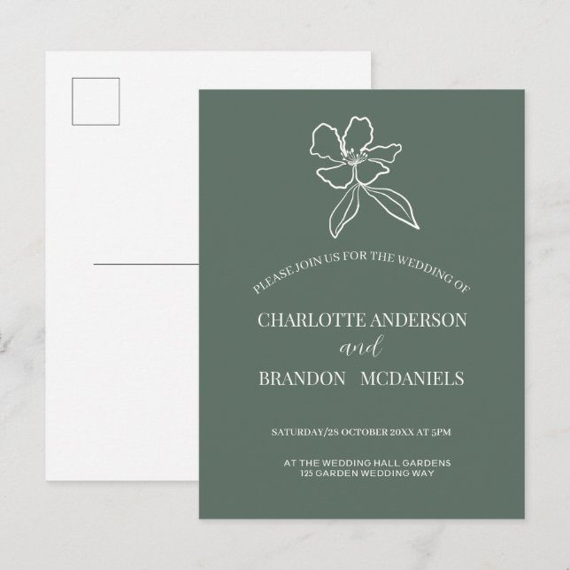Faire-part de mariage floral minimal vert de la fo (Devant / Derrière)