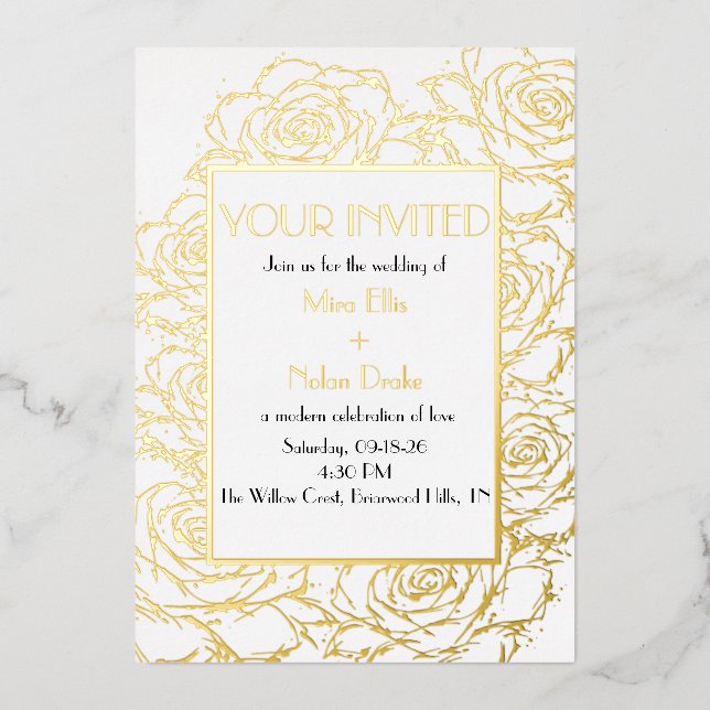 Faire-part de mariage floral moderne à feuille d'o (Recto)